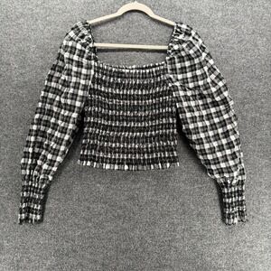 HM Blouse Top Womens M Black White Checked Cropped Milkmaid Cottagecore Romantic